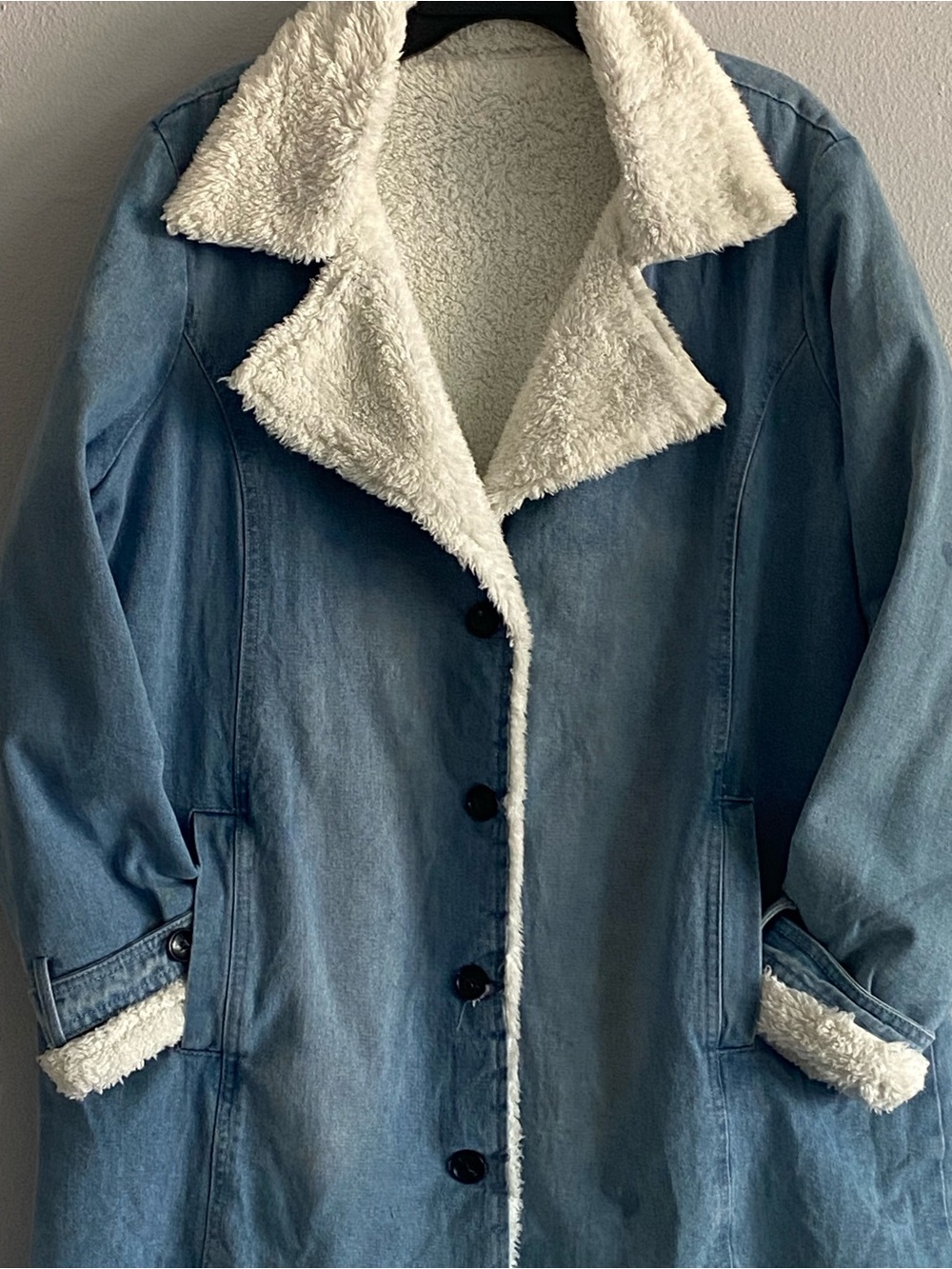Women’s Light Blue Denim Coat with White Sherpa Lining